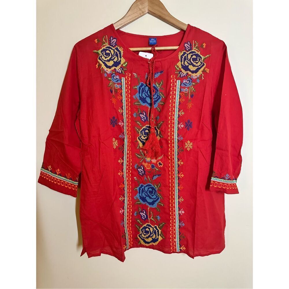🌸 Raj Red Embroidered Floral Boho Style Top Size Large New